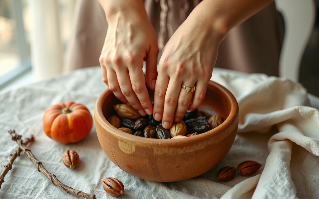Elegant, artistic shot of hands gently mixing natural botanical ingredients in a ceramic bowl, bathed in soft, warm light.