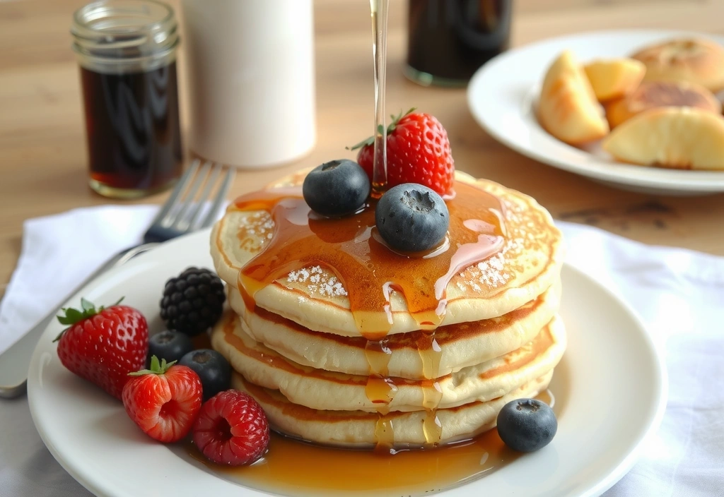 A stack of golden brown whole-wheat pancakes topped with fresh berries and a drizzle of maple syrup, on a breakfast table, no text.