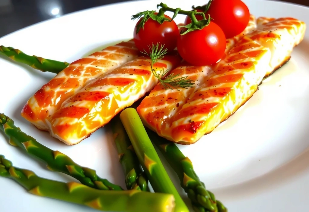 A close-up of baked salmon fillets with asparagus and cherry tomatoes, garnished with fresh dill, on a white plate, no text.