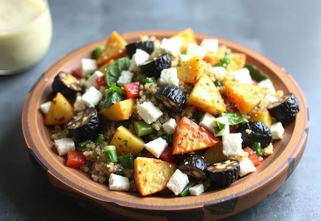 A colorful quinoa salad with roasted vegetables, feta cheese, and a lemon-herb dressing, presented on a rustic wooden board, no text.