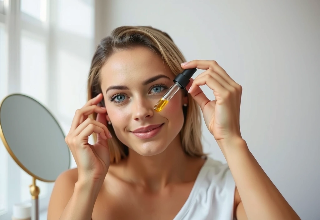 A woman applying a natural face serum to her glowing skin, with soft light highlighting her healthy complexion and a minimalist, clean background