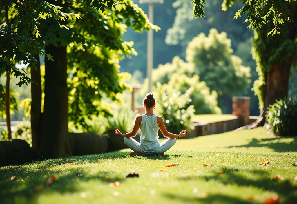 A person meditating peacefully outdoors in a lush green environment, with sunlight filtering through trees, conveying tranquility and mindfulness