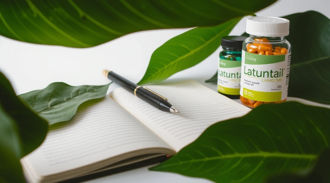 Open notebook with a pen, surrounded by lush green leaves and a carefully placed supplement bottle, suggesting learning and natural health