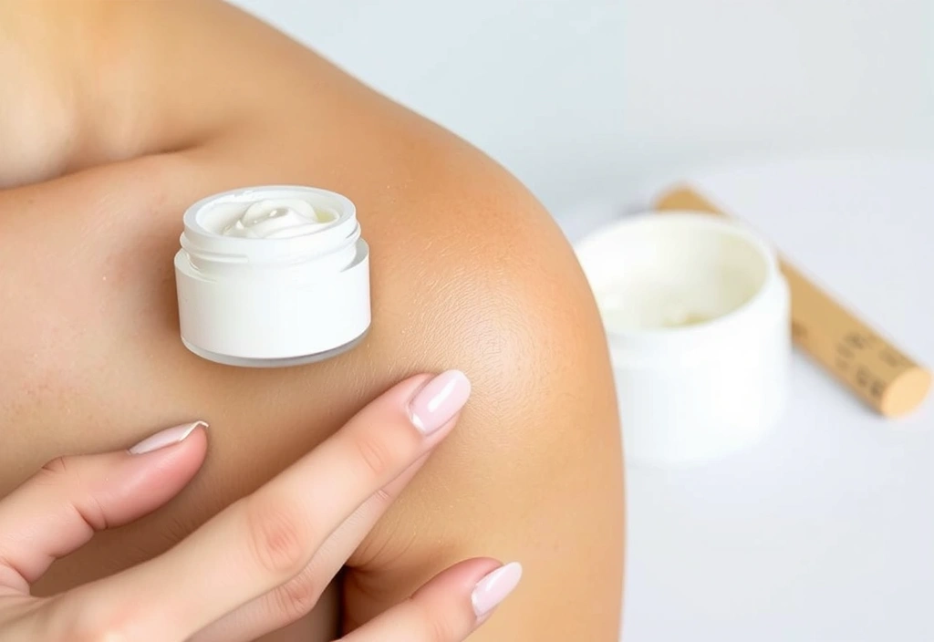 Close-up of a hand gently applying a luxurious, creamy face cream to radiant skin, with a pristine ceramic jar in the background, soft focus, natural light.