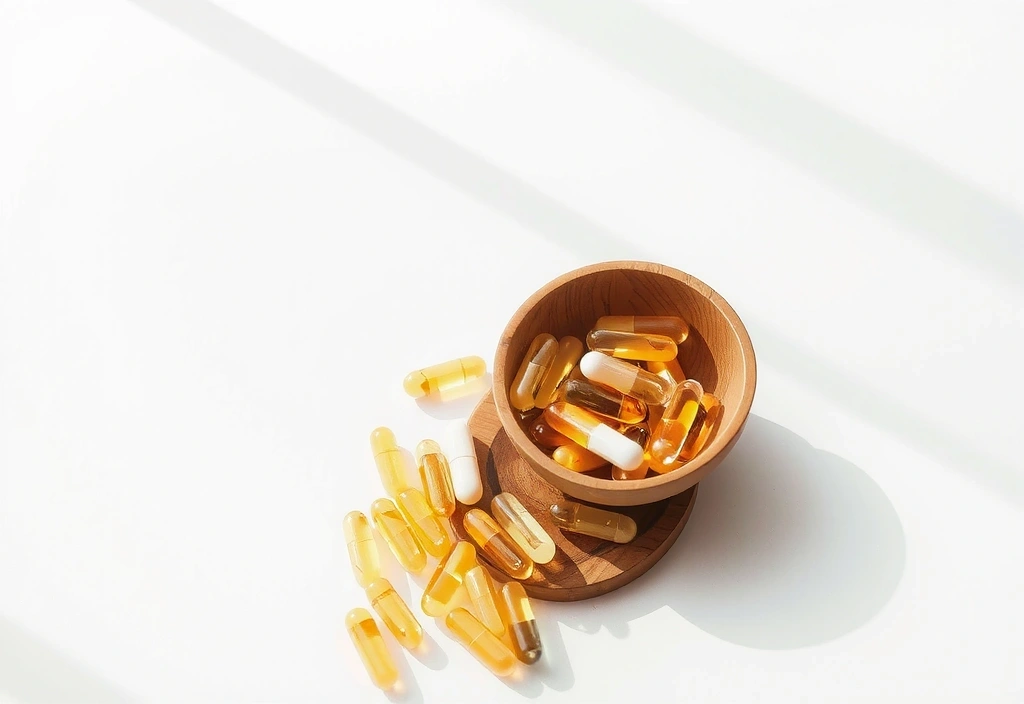Serene image of various natural supplement capsules spilling from a small, elegant wooden bowl on a minimalist white surface, with soft, diffused sunlight.