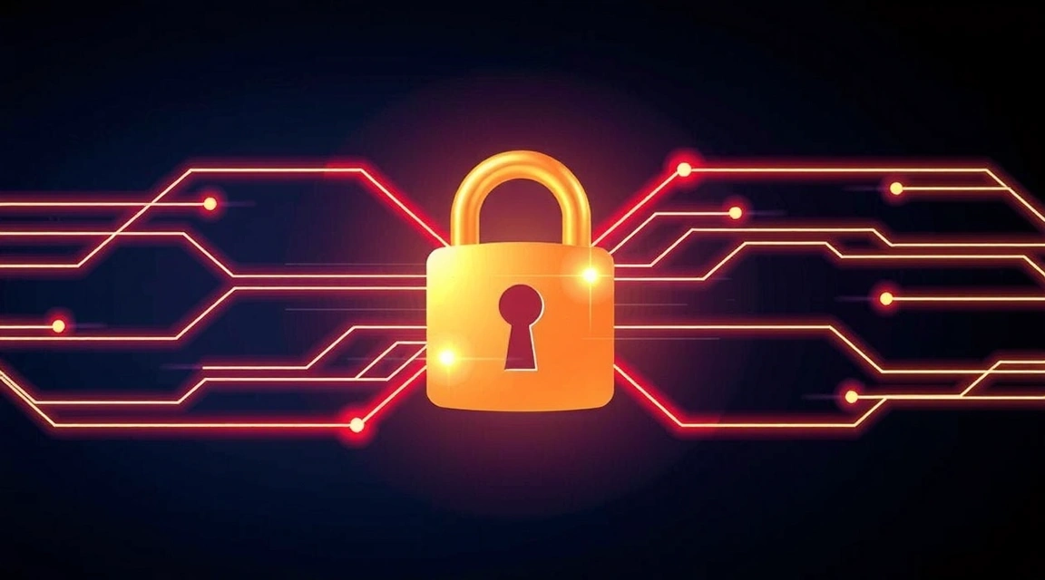 A secure padlock icon symbolizing data protection and privacy, surrounded by glowing digital lines.